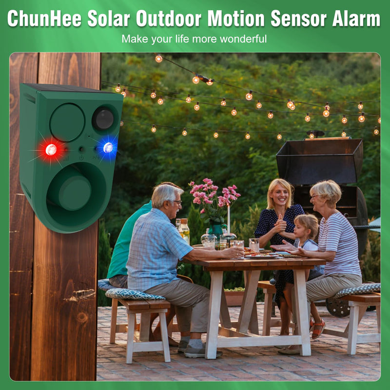 ChunHee Solar Outdoor Motion Sensor Alarm with Dog Barking Alarm Sound, Support Recording and Adjustable Volume, 129db Loud Noise Maker 4 Work Modes Strobe Light for Home, Villa, Farm, Barn (1pack) 1PC