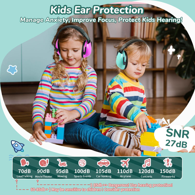 Kids Ear Protection Earmuffs Safety Hearing Protection Headphones Noise Reduction for Autism Sensory Kids Chirldren (Mint & Pink & Orange) Mint & Pink & Orange