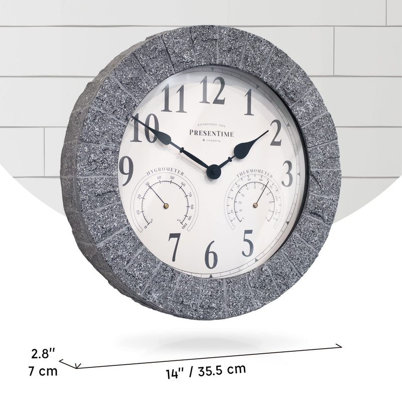 Presentime & Co Sandstone Outdoor Clock with Thermometer & Hygrometer as All in one Weather Station, 14", Gray Sandstone Finish. Weather Thermometer, Outdoor Décor, Wall Décor.