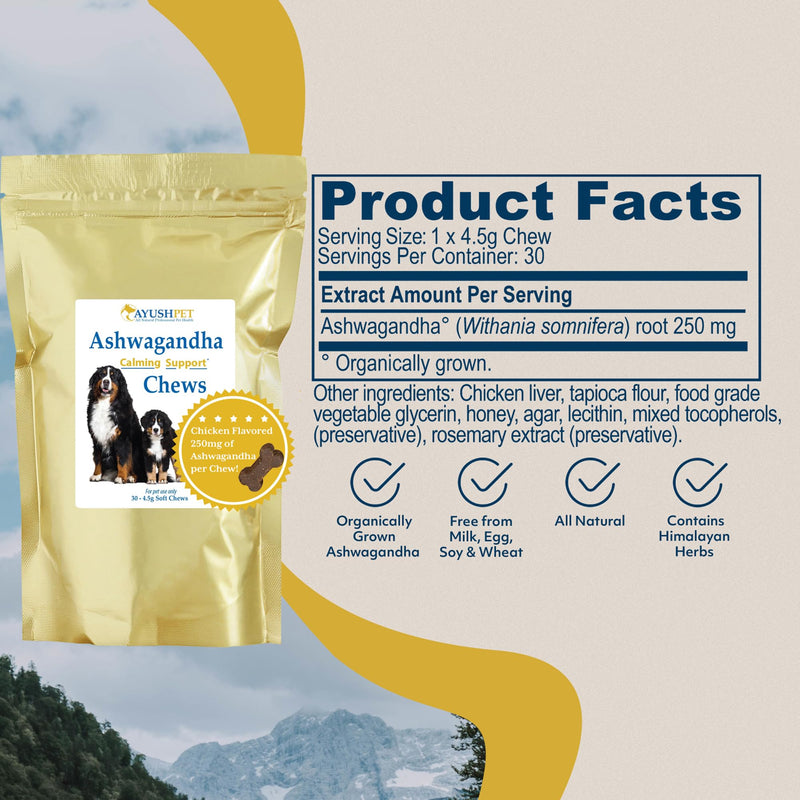 Ayush Pet Ashwagandha Calming Support Chews, Ayurvedic Calming Supplement for Dogs and Cats, Ashwagandha Herbal Supplement, 30 Chews - PawsPlanet Australia