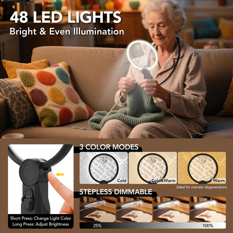 2500mAh Magnifying Glass with Light, 5X/10X Hands Free Magnifier for Reading, Sewing, Knitting, Cross Stitch & Crafts, Lighted Magnifier for Seniors & Low Vision 2500mah Long