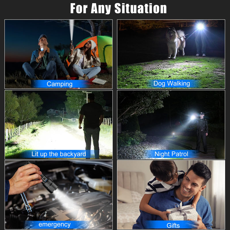 Goreit Super Bright LED Flashlight - 30W Output for 50000 Lumens & 3937ft Beam, USB-C Rechargeable with 12H Runtime, IP67 Waterproof Powerful Handheld Linternas for Home, Camping, Hiking, Emergency Black