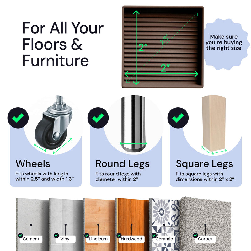 CasterMaster Non-Slip Furniture Pads Square Rubber Anti-Skid Caster Cups, Leg Coasters - Anti-Sliding Floor Protectors for Furniture (Brown, 2'' x 2'' - 4 Pack) Brown - NewNest Australia