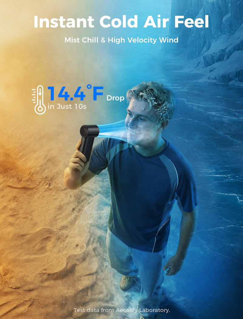 Aecooly Cold Air Portable Handheld Fan | 14.4°F Drop in 10s | Mist Chill & High Speed Wind | 20H Max Cooling Time | Battery Level Display | Rechargeable Personal Turbo Fan, Gifts for Men, Travel-Black