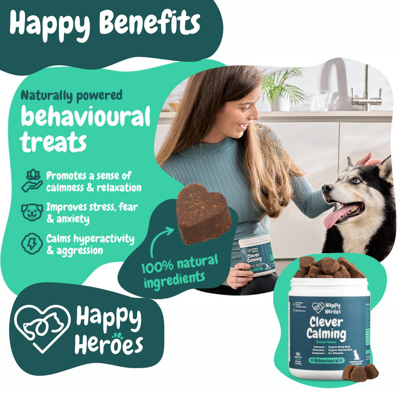 Clever Calming Dog Treats, 100% Natural Supplement, Behavioural Health, Reduces Stress, Fear, Hyperactivity, Aggression, Provides Dog Anxiety Relief & Relaxation - PawsPlanet Australia