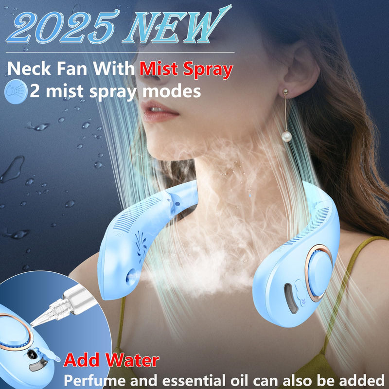 Neck Fans Portable Rechargeable-Foldaway Neck Fan with Mist,Personal Fan for Neck Wearable Hanging around,Cordless Neck Coolers for Female Male Kids Dad Mom Extremely Hot Weather Indoor Outdoor Blue