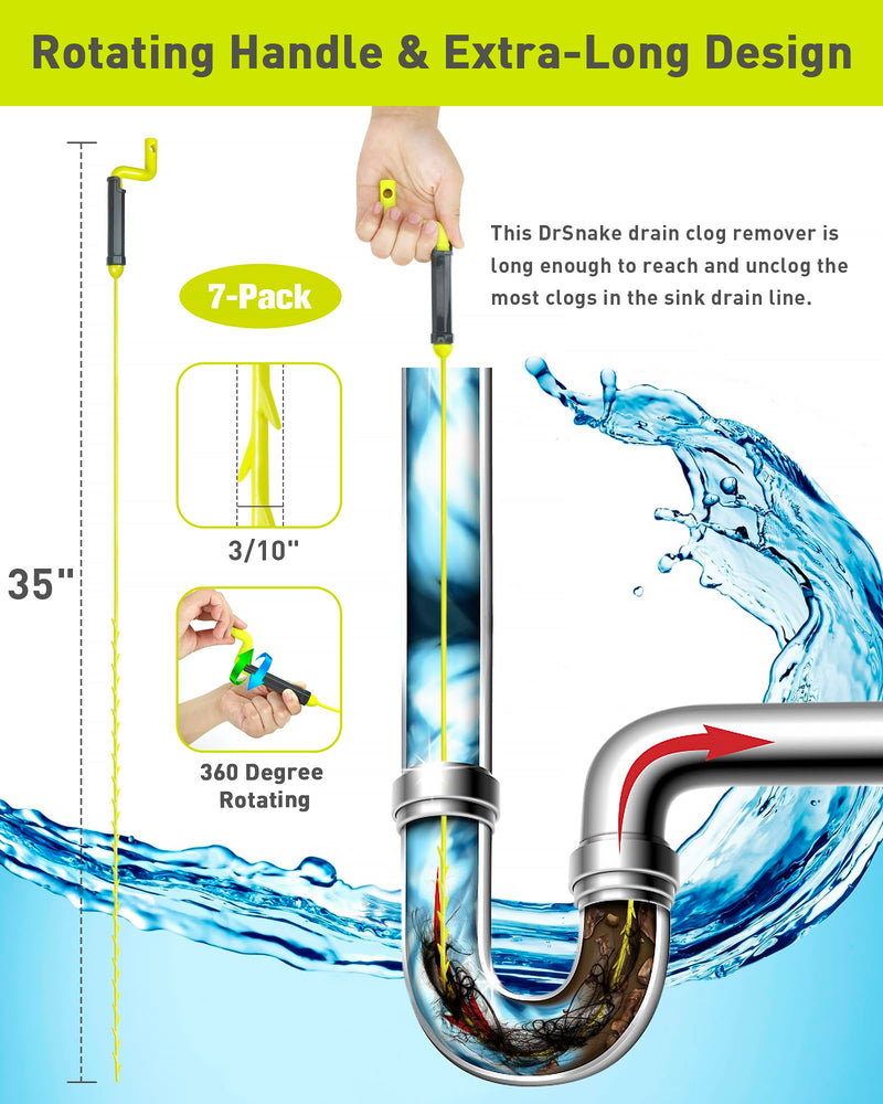 35inch Drain Clog Remover, Drain Cleaner Hair Clog Remover with Rotating Handle and 7 Refills, Drain Hair Remover Plumbing Snake, Easy and Quick Unclog Bathtub Drain, Sink, Shower (7 Pack)