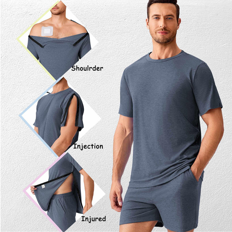 Deyeek 2pcs Set Shoulder Surgery Shirts for Men Full Open Side Snap Hospital Gowns Adaptive Post Shoulder Shirts w/Shorts Navy Blue 3X-Large