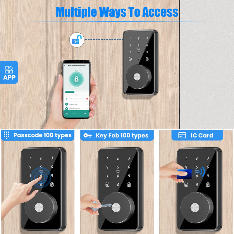 Smart Lock, 4-in-1 Keyless Entry Door Lock for Front Door, 6 Digital Code Door Lock with Keypad, Bluetooth Smart Deadbolt, App Control Glossy Black