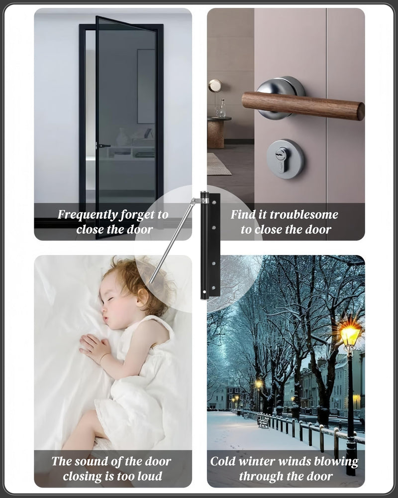Automatic Door Closer for Home Easy to Install | Safety Spring Door Closers | Auto Soft Close to Convert Hinged Doors to Auto Self Closing | Adjustable Catch Speed | with Arm, Screw, Wrench 1 Pack Black