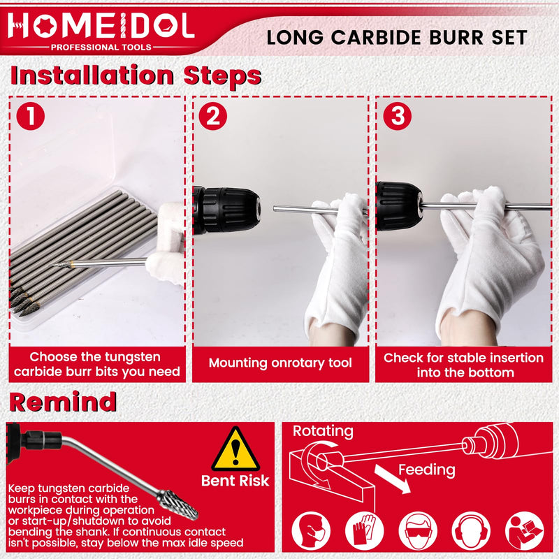 10Pcs Long Carbide Burr Set 1/4" Shank HOMEIDOL 6"(150mm) Long Rotary Files 1/4" Head Die Grinder Bits, Tungsten Carbide Rotary Burr Set, Carbide Drill Bits for Metal Wood Carving Engraving 10pcs 6" long die grinder bits(1/4" Shank)