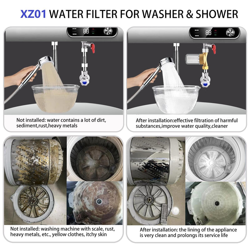 XZ01 Reusable Brass Washing Machine Water Filter, 40 Micron Visible Washer Water Filter System, for Washing Machine, Heater, Faucet, Anti Scale Protecting Sediment Filter