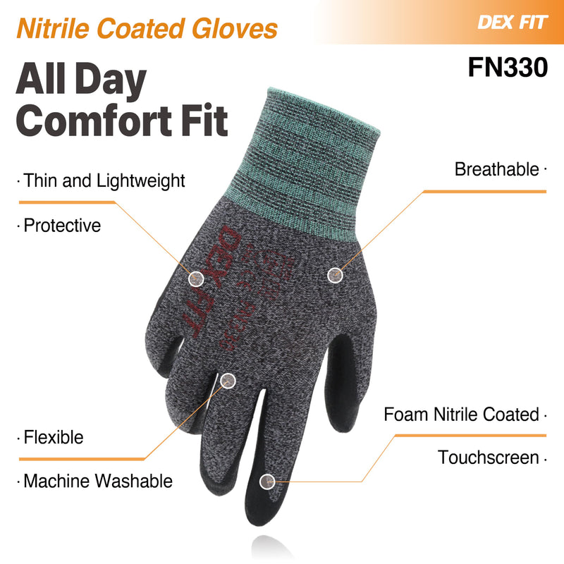 DEX FIT Nitrile Work Gloves FN330, 12 Pairs, 3D-Comfort Stretchy Fit, Firm Grip, Thin & Lightweight, Touch-Screen Compatible, Durable, Breathable & Cool, Machine Washable; Black Grey M (8) Medium(12 Pairs) Blackgrey