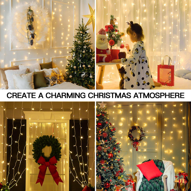 suddus Curtain Lights for Bedroom, 200 Led Hanging String Lights Outdoor, Fairy Curtain Lights Indoor for Christmas, Dorm, Wall, Backdrop, Window, Wedding, Party, Brithday Decor, Warm White USB-200 LED