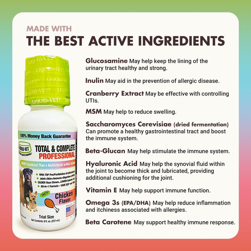 LIQUID-VET Total & Complete Support for Dogs – Joint, Allergy, Digestive & Immune Health – 10 Active Ingredients in 1 - Made for Picky Eaters (8 Fluid Ounces, Chicken) 8 Fluid Ounces