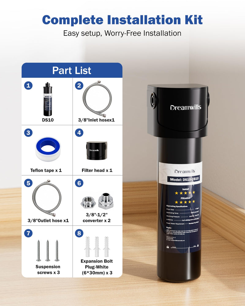 Dreamwills DS10 Under Sink Water Filter System, 1.3 GPM High Flow, 1 Year 11.89 in