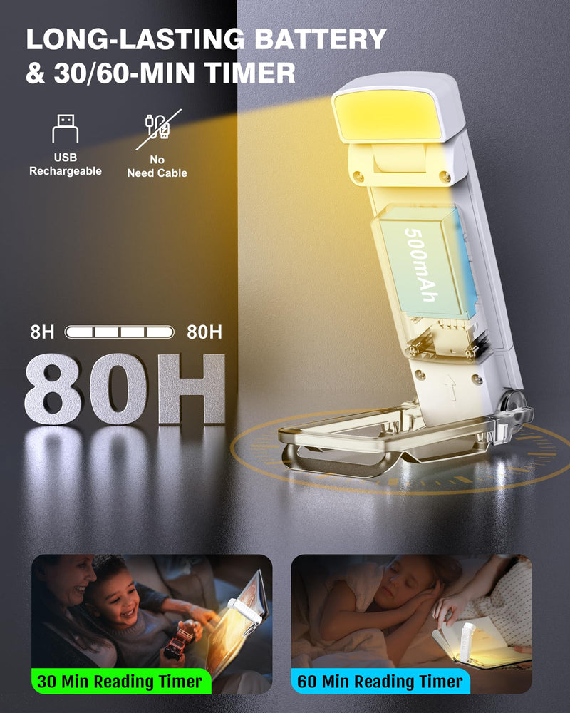2-Pack Book Lights for Reading at Night, USB Rechargeable Book Light for Reading in Bed, Portable Clip-on LED Reading Light, 30/60-min Timer, 3 Amber Colors, 5 Brightness Dimmable, 6 Bookmarks, Kids 10-Blue White 2 Pack