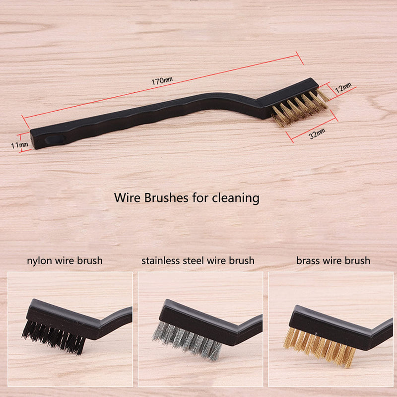 3Pcs Mini Wire Brush Set for Cleaning and Rust Removing, 7 Inch Industrial Wire Brushes of Stainless Steel/Nylon/Brass Bristles Black