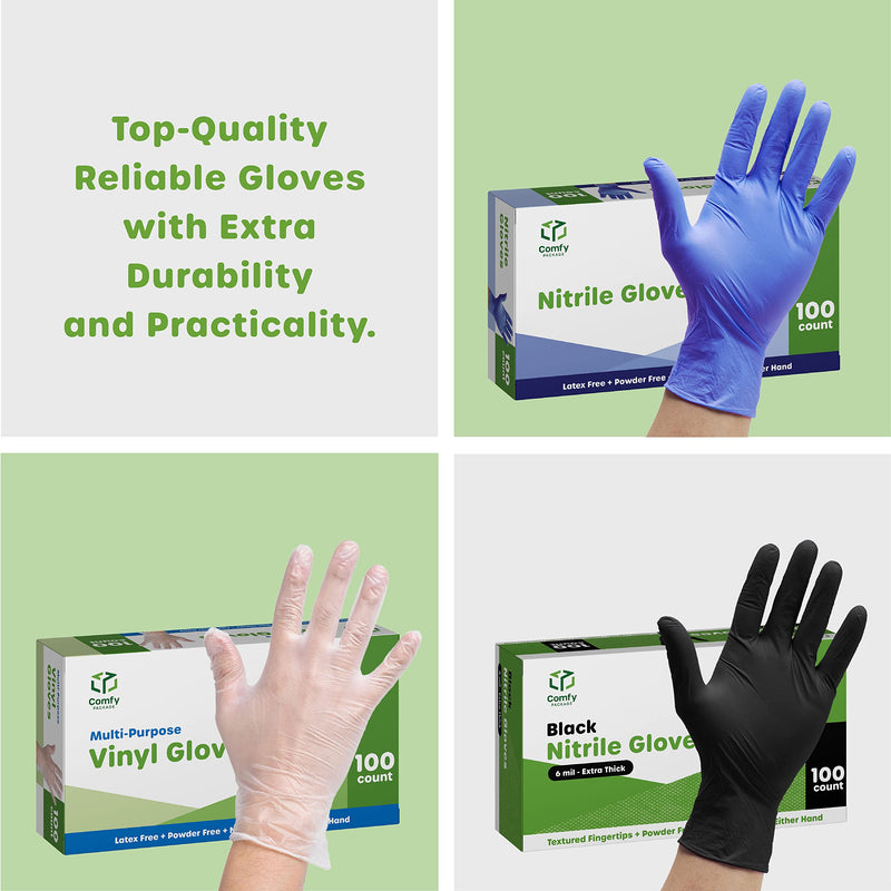 Comfy Package Synthetic Vinyl Blend Disposable Plastic Gloves Non-Sterile, Powder & Latex Free 100 Large