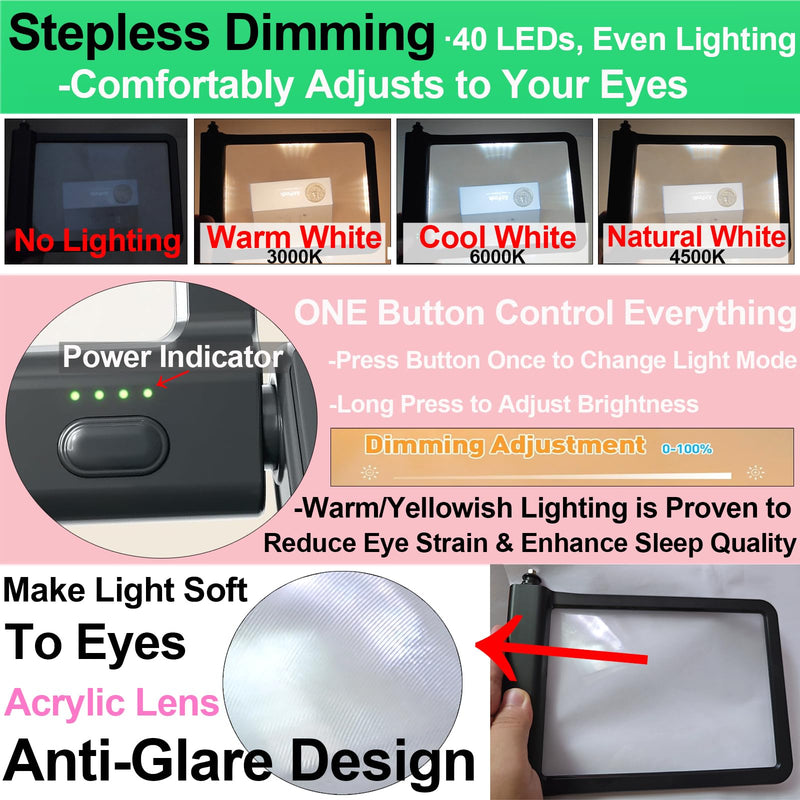 Large Hands-Free Magnifying Glass with 40LED Eye Caring 3 Light & Detachable GooseNeck Bracket, Anti-Glare Lens Magnifier 3X Rechargeable for Read, Craft, Needlework, Knit, Low Vision Senior