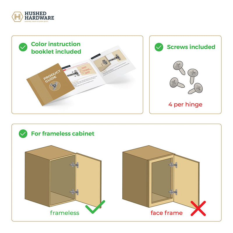 Soft Close Cabinet Hinge Set. 10 Frameless Half Overlay Cabinet Hinges for Kitchen Cabinets with Adjustable Closing Speeds.