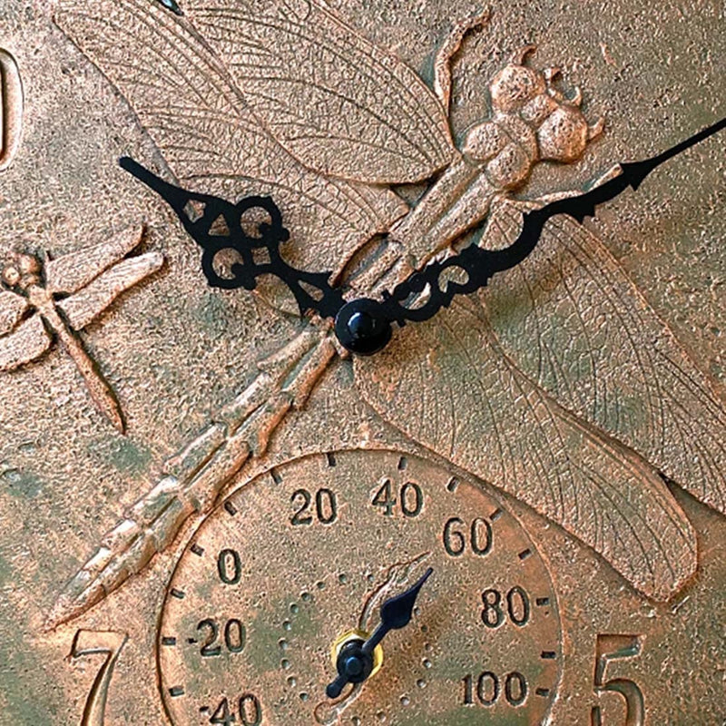 Lily's Home Hanging Wall Clock, Includes a Thermometer, Ideal for Indoor and Outdoor Use, Wonderful Housewarming Gift for Friends, Polyresin Dragonflies