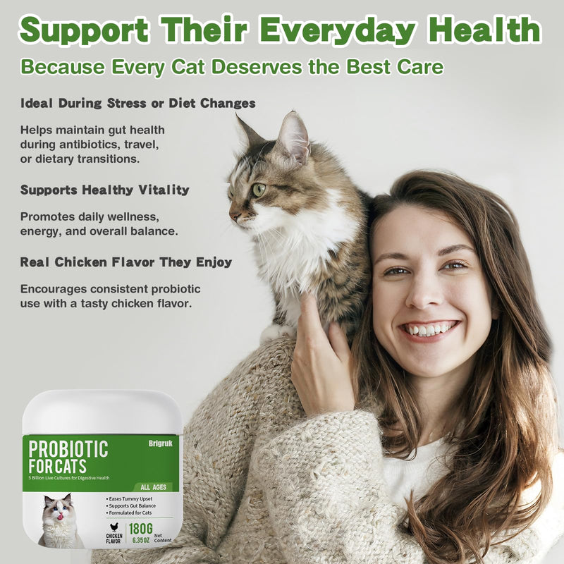 Probiotics for Cats - 5 Billion CFUs & 9 Strains Digestive Enzymes - Support for Sensitive Stomach, Hairball Relief & Immune System - Cat Gut Health Supplement with Prebiotics - Chicken Flavor, 180g