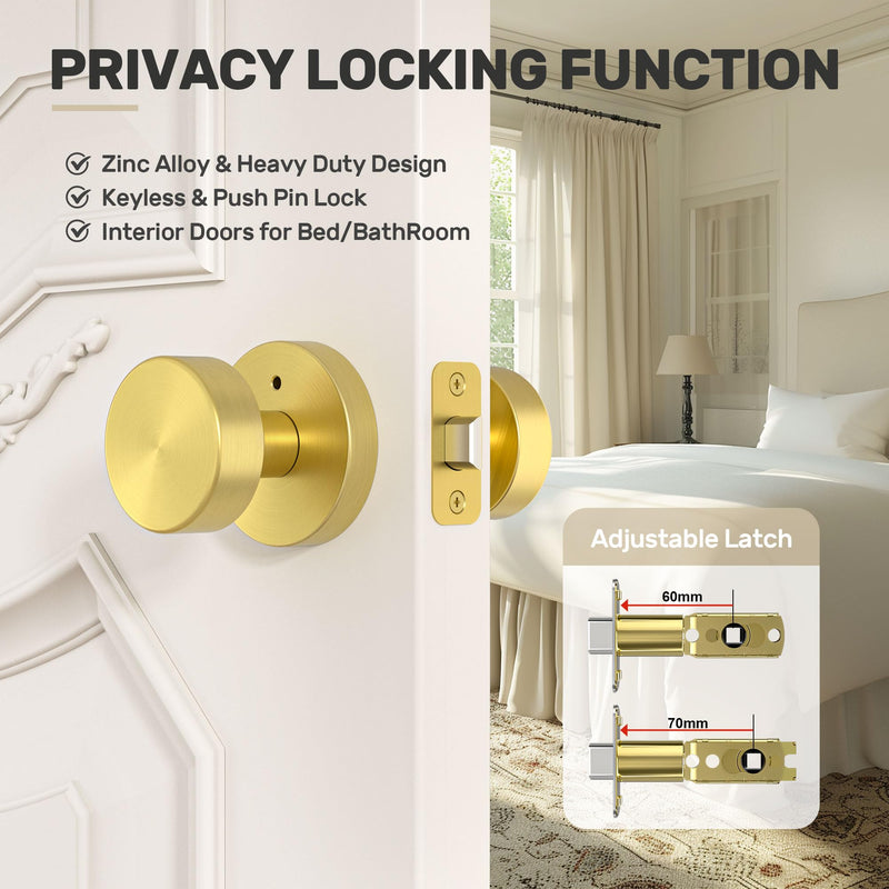 Gold Door Knob Privacy Door Knobs Interior Satin Brass Door Knobs Modern Round Door Handles for Bedroom and Bathroom Brushed Gold Door Knob 1 Pack Privacy