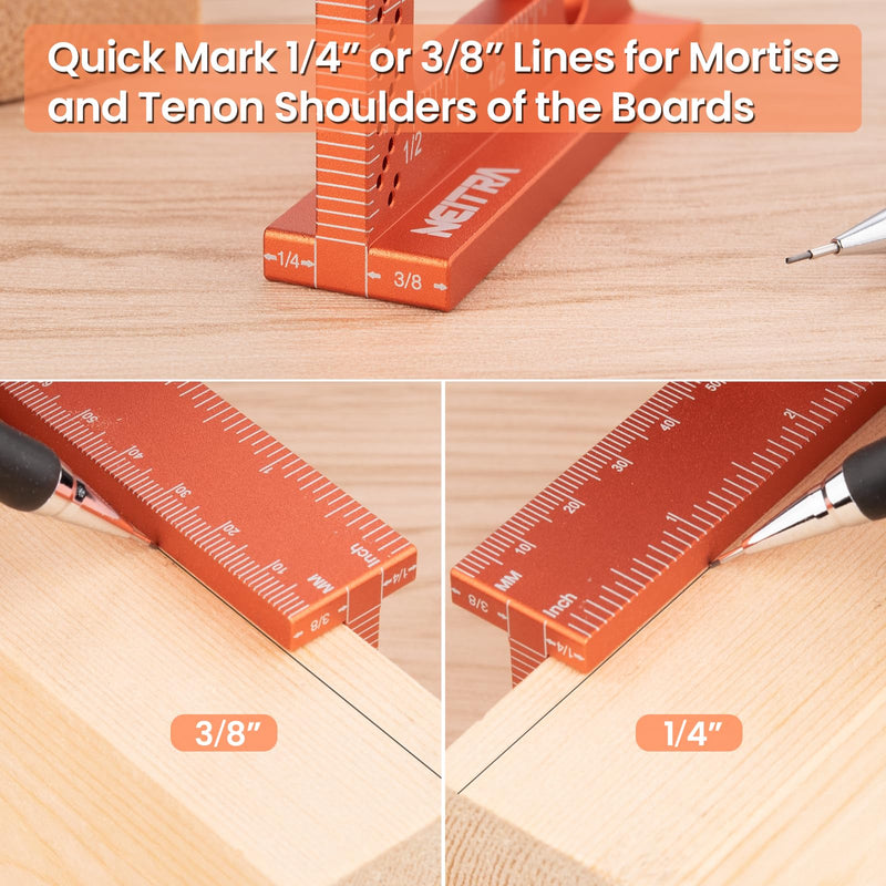 Neitra Small Square Ruler with Fixed Angle Pin, Accurate Compact Aluminum Alloy Mini Squares with Laser Etched Markings, Includes a Mechanical Pencil for Carpenter Woodworking Furniture Projects Orange 3.5 Inch