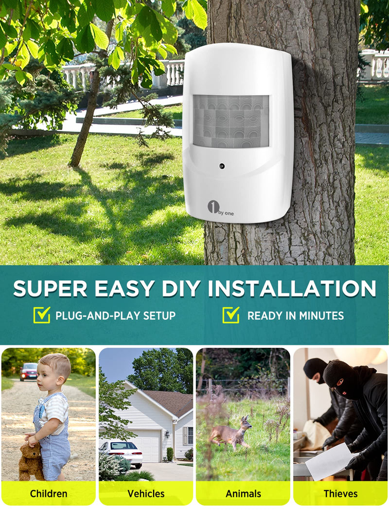 1byone Driveway Alarm, Home Security Alert System with 36 Melodies, 1 Plug-in Receiver and 2 Weatherproof PIR Motion Detector, 1000ft Wireless Transmission Range and 24ft PIR Detection Range 1 receiver 2 PIR sensors