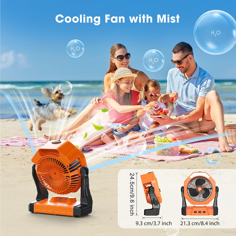 Ausic Portable Misting Camping Fans, [Max 35H Runtime] Outdoor Cooling Fan for Patios, 8 Inch Battery Operated Rechargeable Fans, Water Spray Fan with LED Light, Travel Beach Camp Essential 8-35Hrs Runtime Orange