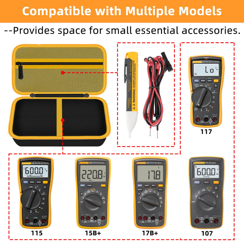 Hard Case for Fluke Multimeter - Compatible with 117/115/116/15B+/17B+/101/114/113/177/179/233/106/107 - Protective Storage Bag Organizer for Testers & Accessories (Case Only) Black &Yellow