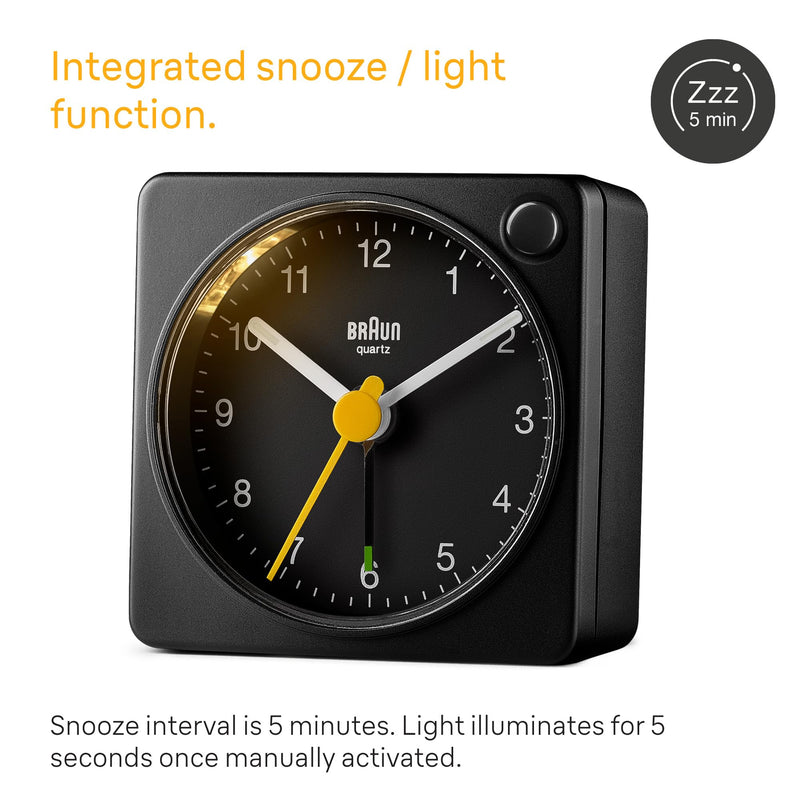 Braun Classic Travel Analogue Alarm Clock with Snooze and Light, Compact Size, Quiet Quartz Movement, Crescendo Beep Alarm in Black, Model BC02XB. 1 Pack
