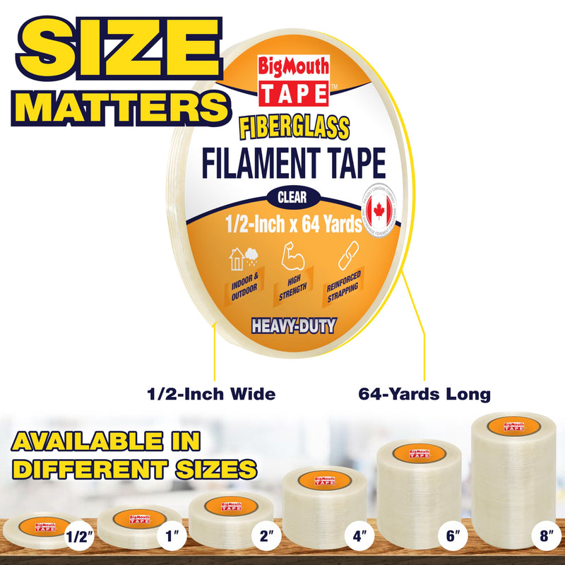 Fiberglass Tape, Available in 6 Sizes, Fiber Reinforced Packing Tape, Used for Heavy Duty Strapping, Fixing, Reinforcing, and Repairing 1/2-Inch x 64-Yards