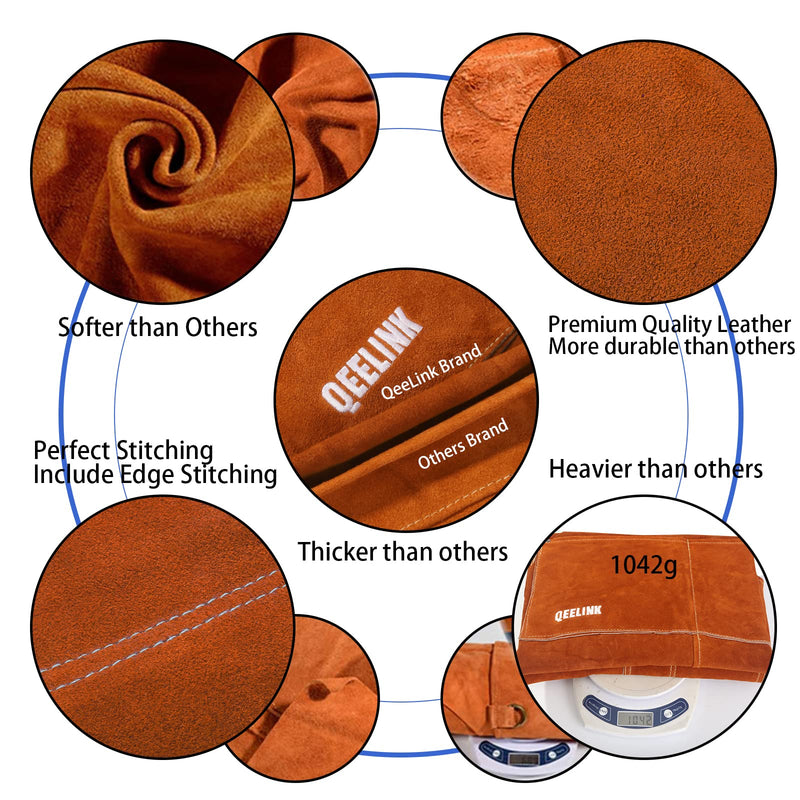 QeeLink Leather Welding Work Apron with 6 Tool Pockets, Heat & Flame Resistant Apron, 24" x 36", Adjustable M to XXXL Brown