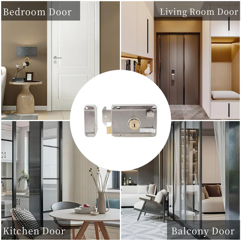 Rim Lock Set, Stainless Steel Vertical Keyway Cylinder Deadbolt With Handle - Anti-Theft Exterior Door Security for Home Safety