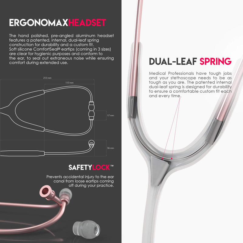 MDF Instruments, Acoustica Lightweight Stethoscope for Doctors, Nurses, Students, Home Health Use, Adult, Dual Head, White Tube, Rosegold (Matte Finish) Chestpiece-Headset, MDF747XPRG29 RoseGold (Matte) - White