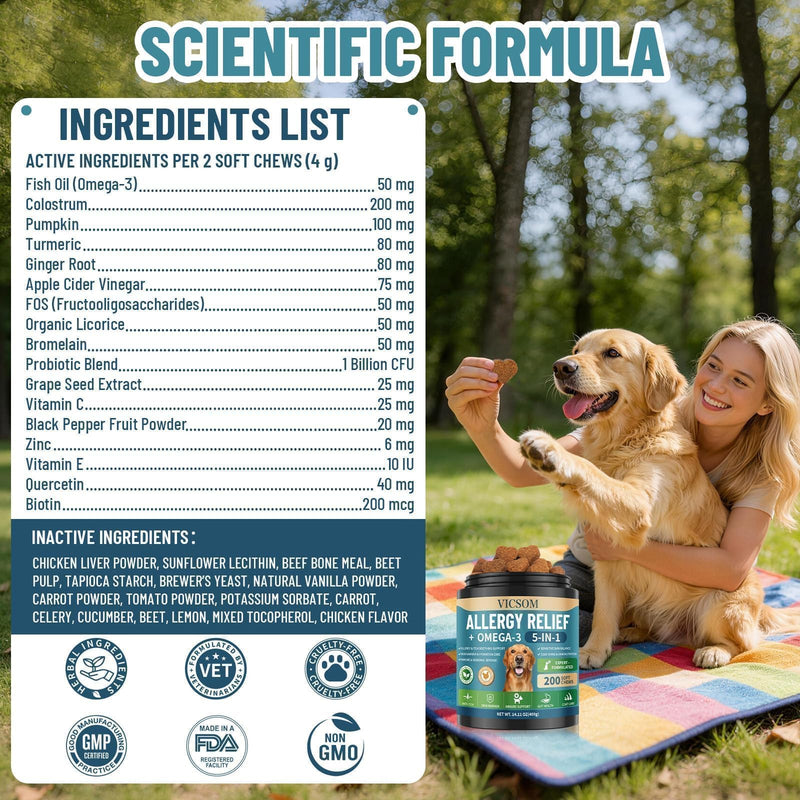 Dog Allergy Chews Omega 3 is Human, Dog Allergy Relief Itch Relief, 200 Chews Anti-Itch for Dogs Itchy Skin, Ear & Paw Licking, Allergy Relief Chews with Probiotics Fish Oil for Gut, Immune & Coat