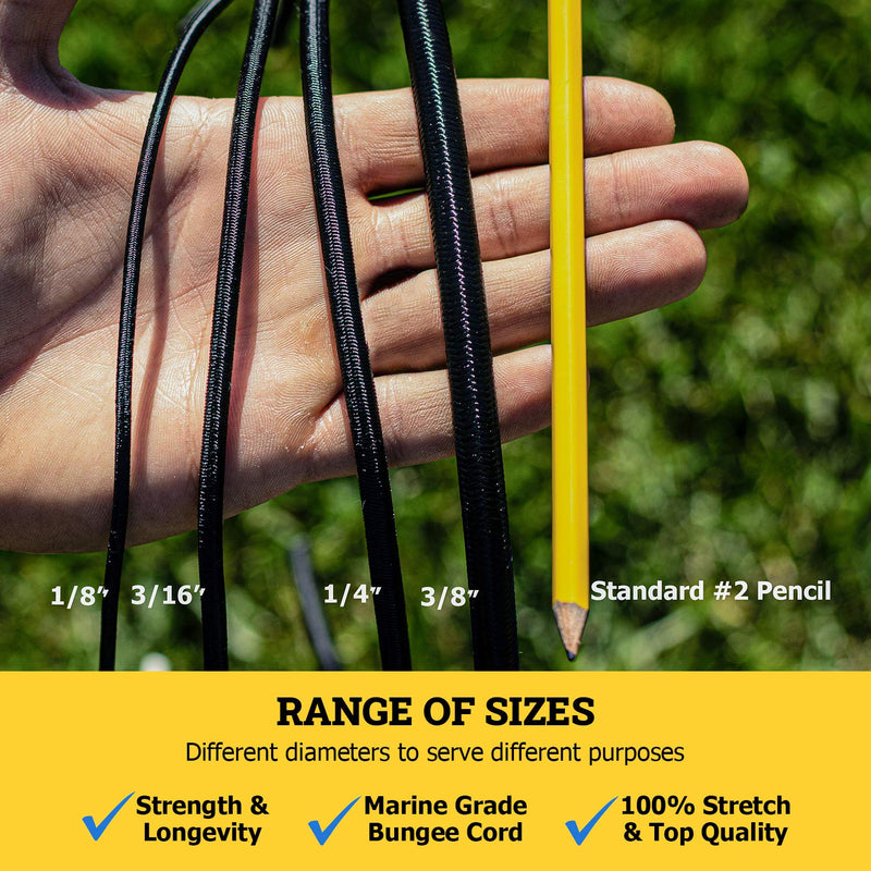 SGT KNOTS Marine Grade Bungee Cord - 100% Elastic Cord, Dacron Polyester Bungee Shock Cord for DIY, Tie Downs, Commercial Uses | 1/8", Black 1/8" x 25ft