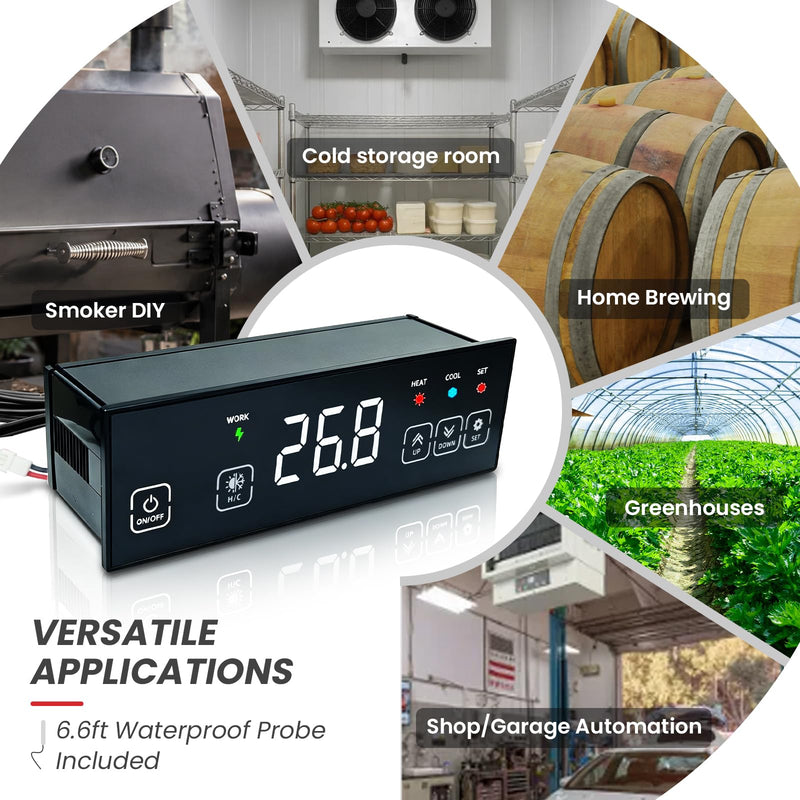 30A Digital Temperature Controller 120V, ℃/℉ Switchable Touchscreen Heating Cooling Thermostat with -58℉ to 248℉ Range, 6.6ft Sensor for Garage Automation, Electric Brewery, Workshop, BBQ 1