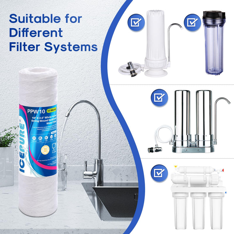 ICEPURE 50 Micron 10" x 2.5" String Wound Sediment Water Filter Cartridge for Well filter Universal Replacement for Any 10 inch RO Unit, WP-5, Aqua-Pure AP110 CFS110 Culligan P5 WFPFC4002 CW-MF, 6PACK 50 Micron (Heavy-Duty) 6 Count (Pack of 1)