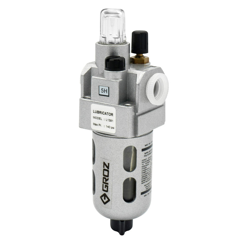 Groz Miniature Air Line Lubricator, 1/4" NPT, Fog/Micro-Mist Type, 48 CFM Max Flow, 145 PSI, Polycarbonate Bowl with Steel Guard, Die-Cast Aluminum Head, ISO 6301-1, 100% Factory Tested (60251)