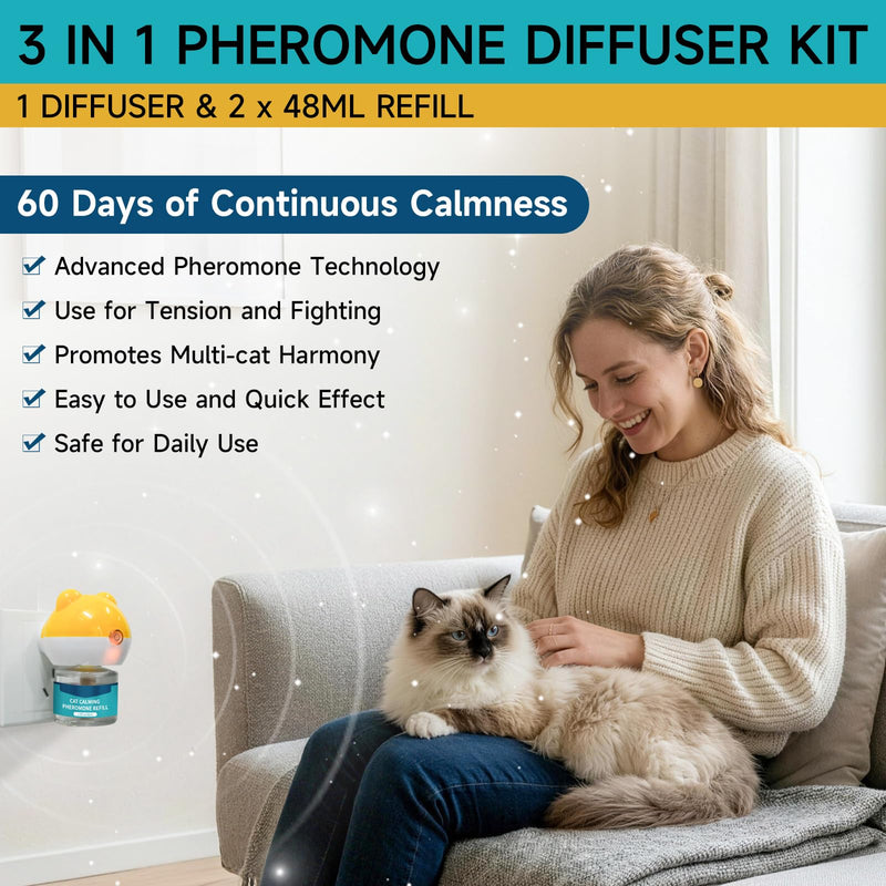 3-in-1 Cat Calming Diffuser, Cat Pheromones Calming Diffuser for Cat Anxiety Relief, Cat Pheromone Diffuser with 1 Diffuser + 2 Refills 48ml Vial, 60 Days Pheromone Diffuser to Calm Cats & Multi-cat 1 Diffuser, 2 Refills