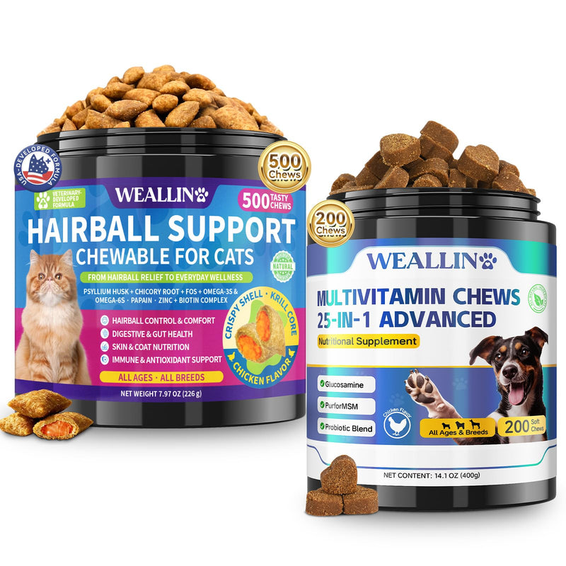 Cat Hairball Support Chewable + 25-in-1 Dog Multivitamin Chews Bundle - Hairball Control & Digestion Support for Cats, Complete Daily Vitamins for Dogs with Glucosamine, Probiotic
