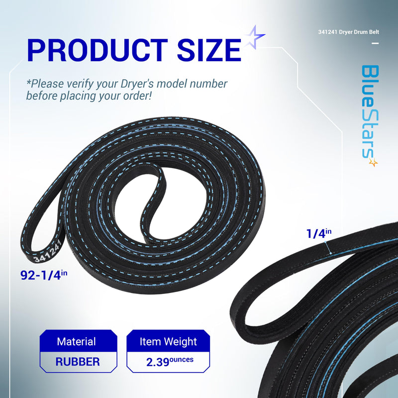 BlueStars 341241 Dryer Drum Belt - Compatible with Whirlpool Kenmore Roper Amana Dryers - Replaces 8066065 AP2946843 W10127457 PS346995 14210003 31531589 31001026 3394651 529597 WED4815EW1 NED4655EW1 Pack of 1
