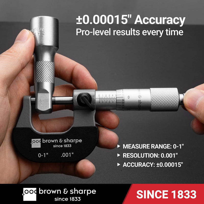 Brown & Sharpe Outside Micrometer 0–1", Precision Micrometer Machinist Tools, 0.001" Graduation, Carbide Measuring Faces, Ratchet Stop, Satin Chrome Sleeve for Reliable Measurement & Clear Reading