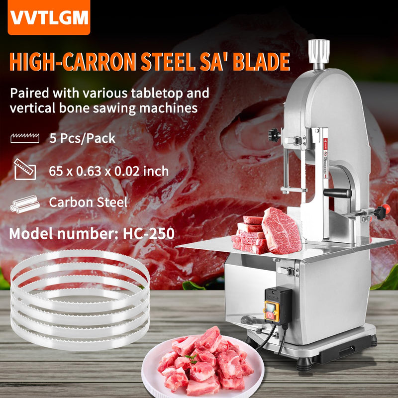 65" 4TPI x 5/8" x .020" Carbon Steel Meat Bandsaw Blades - 5 Pack for Commercial Bone Saw Machines - Rust-Proof Paper 65" for VVTLGM 1500W/1100W Band Saw