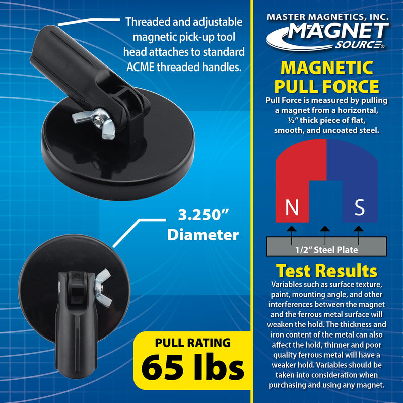 Magnetic Pick-Up Tool Attachment, 3.20" Diameter, 0.440" Thick Magnet Assembly with Acme-Threaded Attachment for Standard Broom Handle, 65 Pounds Pull, 1 Each