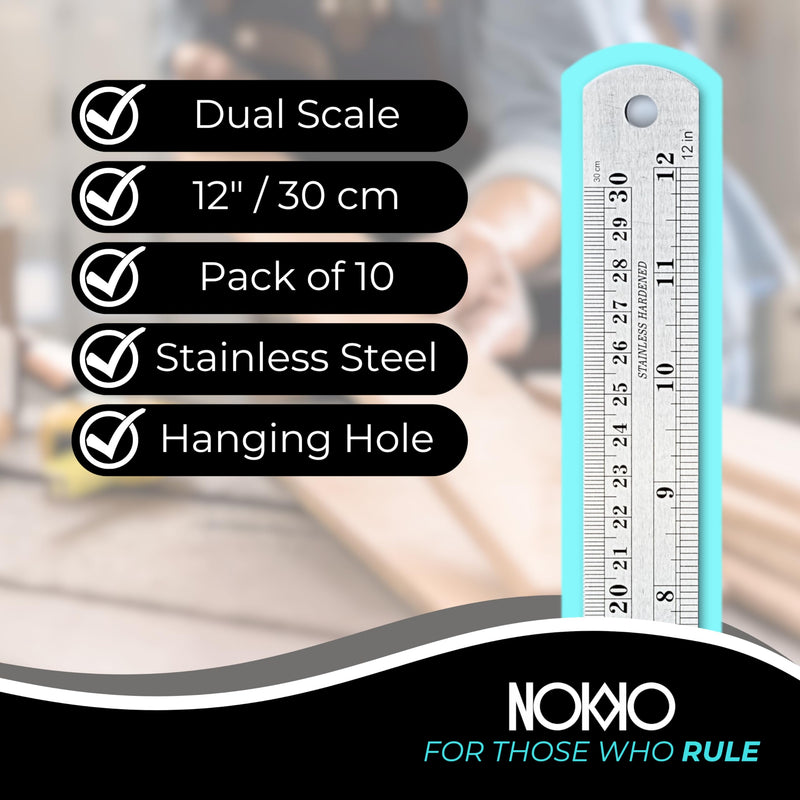 NOKKO Metal Ruler 12 Inch - Pack of 10 - Measuring Set of 12-Inch / 30 cm Stainless Steel Rulers with Imperial & Metric Measurements & Conversion Table - Metal Straight Edge Ruler for Cutting 12 Inch - 10 Pack