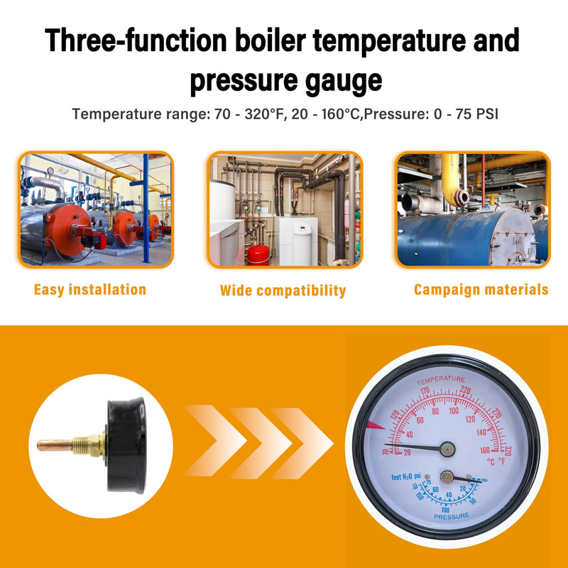 Replacement Tridicator Boiler Gauge, 2-1/2-inch Dial | 1/4-inch Male NPT Connection, 1 1/2-inch Stem Length, 0/75 PSI Pressure Range, Bronze Internal Construction